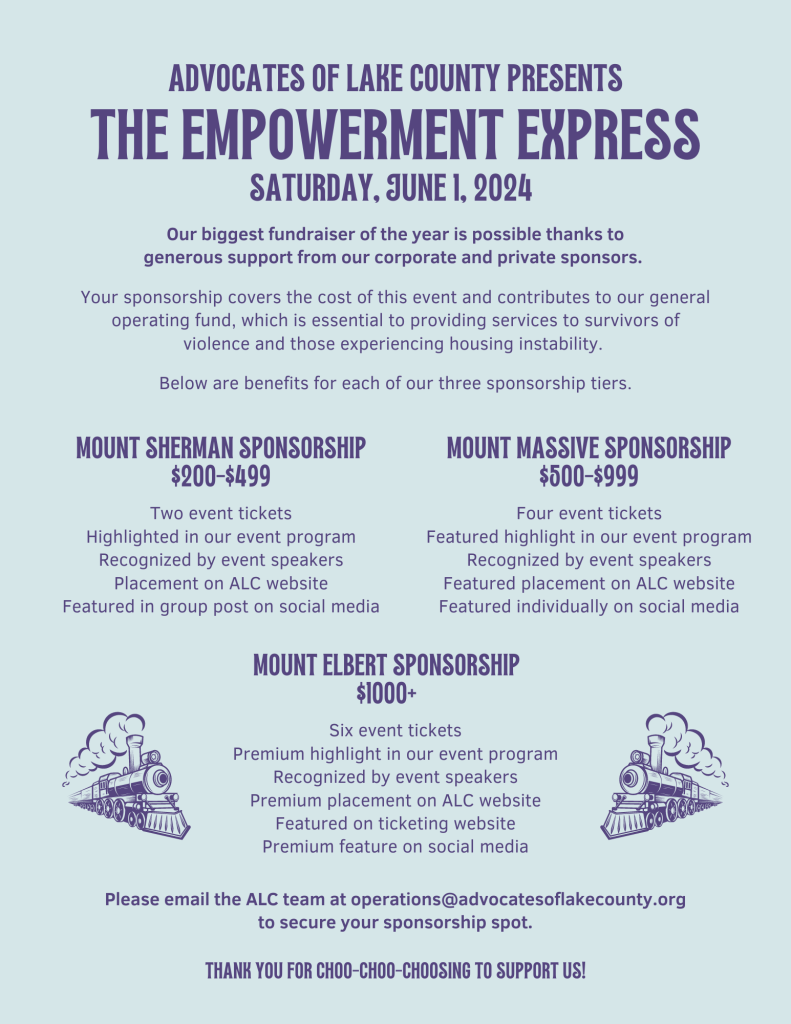 Sponsorship tiers for Advocates of Lake County's 2024 Empowerment Express fundraiser